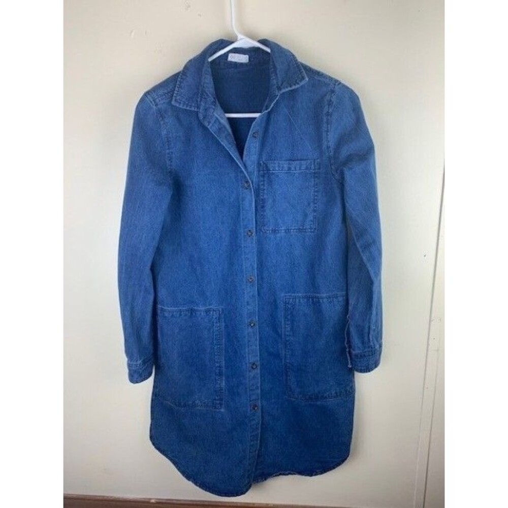 GF Size S Womens Shirt Dress Blue Denim Jean Button Front Pockets Long Sleeve